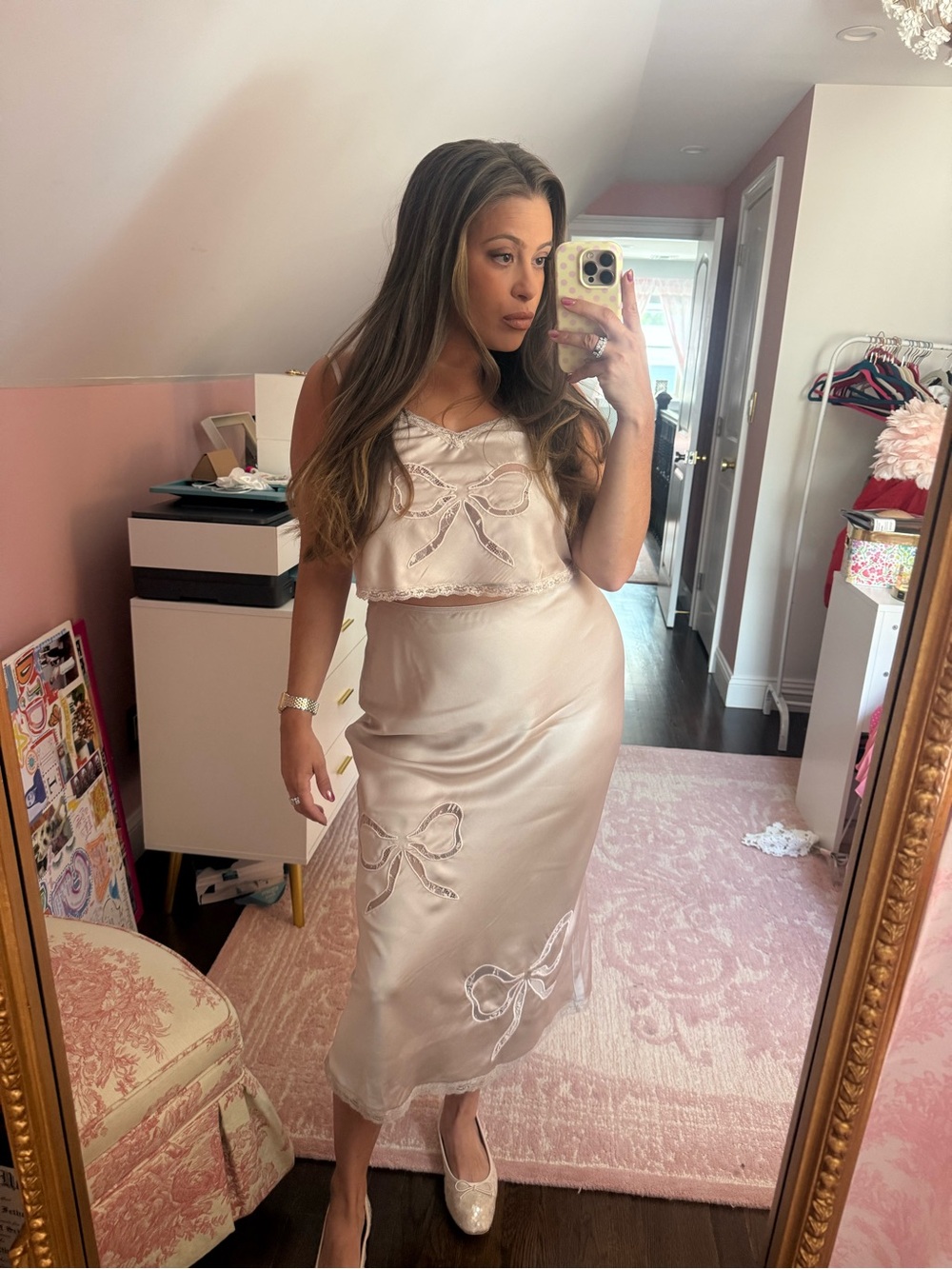 Macy's Satin Skirt and Top with Bow Embroidery in Blush